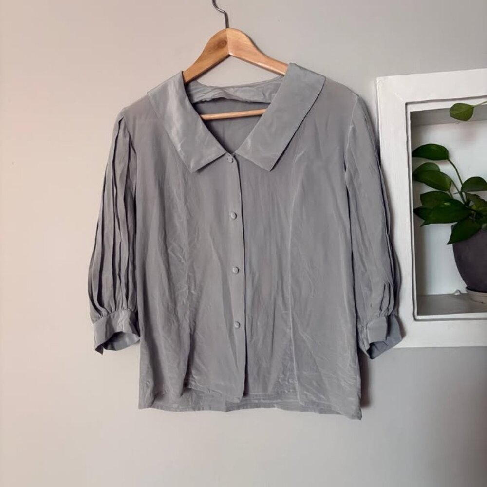 SOLD // Vintage Collared Silk Blouse with Pleated Sleeves